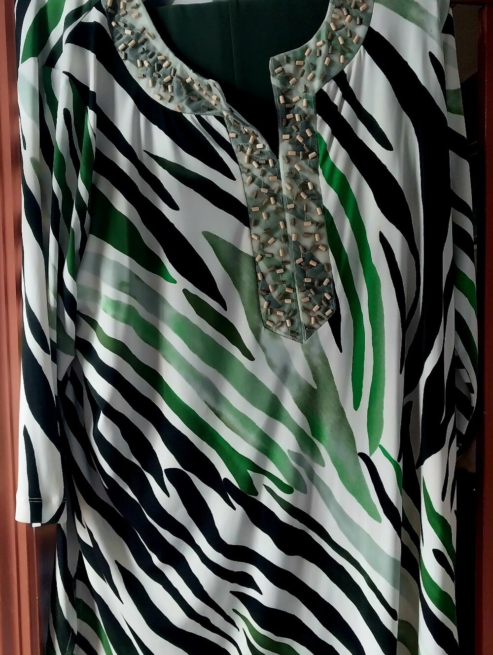 Embellished 2 piece Green & Black Zebra Print Women's Tunic Top and solid pants